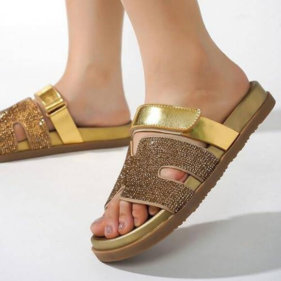Cape Robbin Markuss Gold Sparkly Sandals Glitter Slides, Rhinestone Size Women 6 - Picture 2 of 7